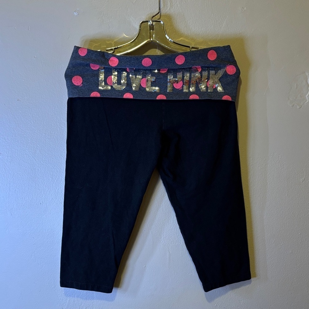 PINK Victoria's Secret Black Leggings with Pink Polka Dots